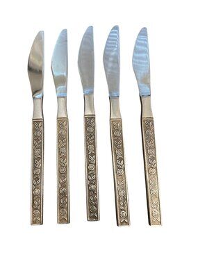 Set Of 5 Interpur Mexicaly Rose Stainless Steel Butter Knives Floral Design Japa